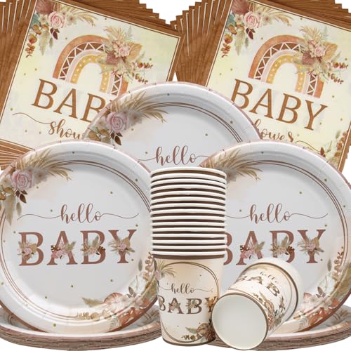 Doyomtoy Boho Baby Shower Partygeschirr,60Stück Baby Shower Papiergeschirr Set - Pappteller Papiertücher Papiertassen Für Babyshowerparty Deko,Junge Mädchen Party Partyzubehör Set (20 Gäste) von Doyomtoy