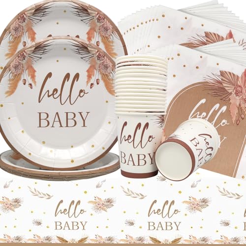 Doyomtoy Boho Baby Shower Partygeschirr,61Stück Baby Shower Papiergeschirr Set - Pappteller Papiertücher Papiertassen Für Babyshowerparty Deko,Junge Mädchen Party Partyzubehör Set (20 Gäste) von Doyomtoy