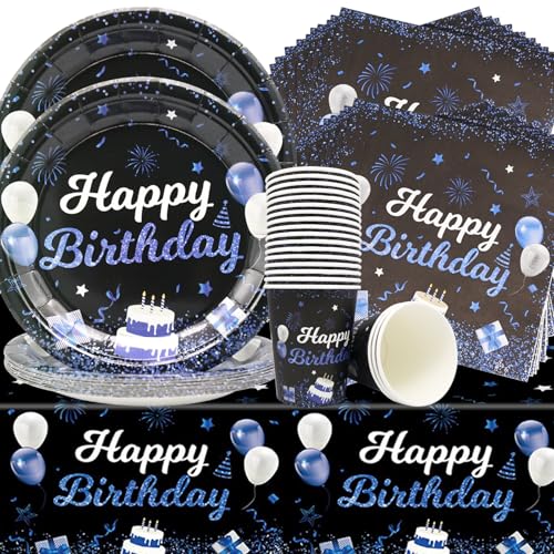 Doyomtoy Geburtstag Partygeschirr,61Stück Happy Birthday Partygeschirr Set Teller Tassen Servietten Tischtuch Blaues Partygeschirr Set für Baby Dusche Gebutstag Party Mädchen Junge von Doyomtoy