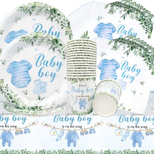 Doyomtoy Gender Reveal Partygeschirr,61Stück Babyparty Deko Junge Partygeschirr Set,boy Baby Shower Deko Teller,Becher,Servietten,Tischdecke Jungen Partygeschirr Baby Shower von Doyomtoy