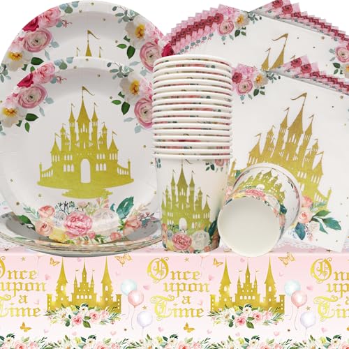 Doyomtoy Goldene Burg Partygeschirr,61Pcs Prinzessinnenschloss Party Dekorationen Teller,Becher,Tücher,Tischtücher Märchenprinzessin Geburtstag Geschirr Party Supplies Set für Mädchen Geburtstagsparty von Doyomtoy