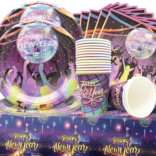 Doyomtoy Happy New Year Partygeschirr,53 StückeLila Feuerwerk Disco Geschirr Dekoration Silvester 7-Zoll-Teller,Servietten,Tassen,Tischdecken,Weihnachten Neujahr Partygeschirr für 16 Personen von Doyomtoy