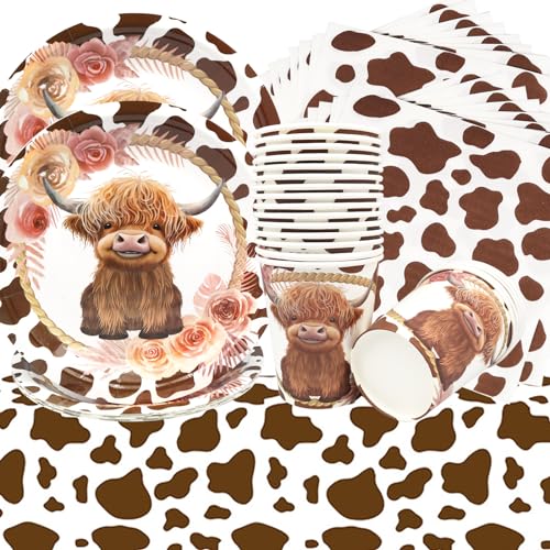 Doyomtoy Hochlandkuh Partygeschirr 62pcs Hochlandkuh Kindergeburtstag Deko,Highland Party Teller Servietten,Highland Cow Party Pappbecher Fahnen Tischtücher,Bauernhaus Thema Party Supplies von Doyomtoy