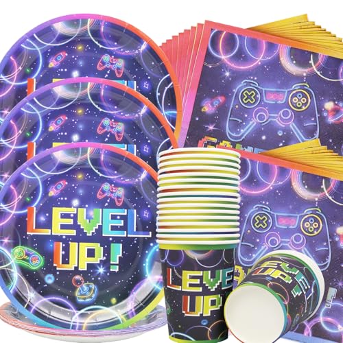 Doyomtoy Neon Videospiel Partygeschirr,60 Stück Video Gaming Partyzubehör Pappbecher Pappteller Servietten,Jungen und Mädchen Party Dekoration Supplies für Kindergeburtstag Thema Party 20 Personen von Doyomtoy