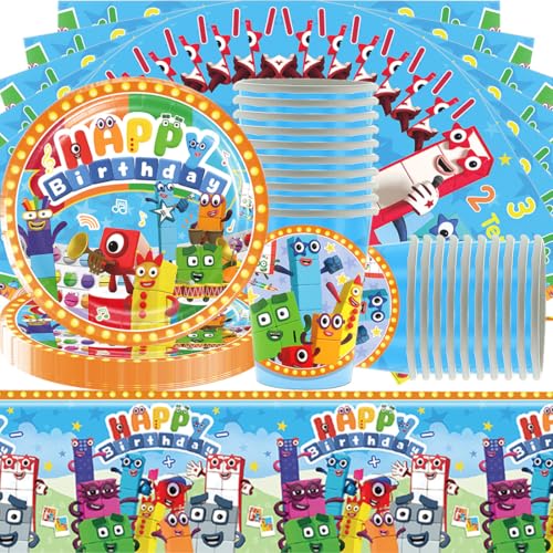 Doyomtoy Number Building Blocks Partygeschirr Set, Serve 20 Gäste Karikatur Zahlenbausteine Geburtstag Partygeschirr,Tischdecken,Teller,Tassen,Servietten für Partyzubehör Geburtstag von Doyomtoy