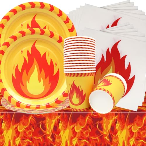 Doyomtoy Partygeschirr mit Flamme,61Pcs Feuer Partygeschirr Pappteller Pappbecher Papierhandtücher Tischtücher,Geeignet für Kinder Geburtstagsfeier Deko Feuer-Thema-Party-Geschirr-Dekoration (Feuer) von Doyomtoy