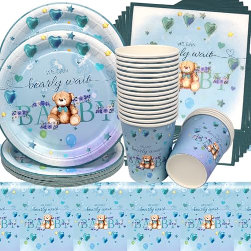 Plüschbär Partygeschirr,Doyomtoy 61 Stück Bärchen Geburtstag Deko Baby Geburtstag Bärs Tassen Servietten Tischdecke für Kindergeburtstag Party Deko Baby Shower von Doyomtoy