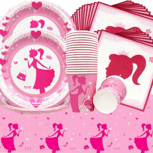 Doyomtoy Prinzessin Geschirr Set,61 Stück Geburtstag Party Set Geburtstagsteller Tassen Servietten Tischtücher,Prinzessin Geburtstag Mädchen Partygeschirr Set für Kinder Party Geburtstag von Doyomtoy