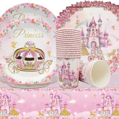 Doyomtoy Prinzessin Partygeschirr,Rosa Schloss Party Geschirr Set Prinzessin Schloss Cartoon-Geschirr-Set Enthält Teller,Tassen,Servietten,Tischdecken für Mädchen Prinzessin Geburtstag 61 Stück von Doyomtoy