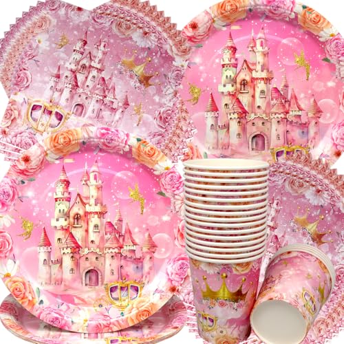 Schloss Geburtstag Deko,Doyomtoy 60 Stück Schloss Partygeschirr Pink Castle Prinzessin Mädchen Geburtstag Party Geburtstagsteller, Tassen, Servietten für Kinder Blumen Party Deko Baby Shower von Doyomtoy