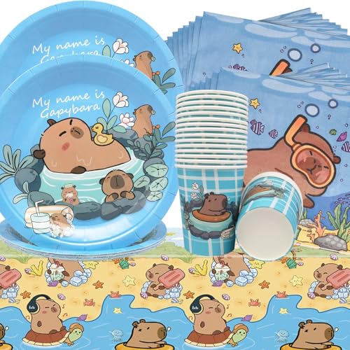 Doyomtoy Tier Partygeschirr,61Stück Kindergeburtstag unterwasser inklusive Pappteller Pappbecher Papierservietten Tischdecke Cartoon Tier Partygeschirrset für Kindergeburtstag Party Deko Baby Shower von Doyomtoy