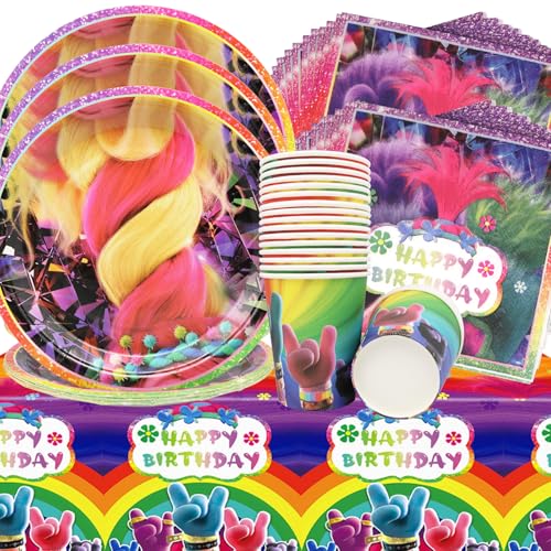 Doyomtoy Trolls Party Geschirr Set,61 Stück Partygeschirr Geburtstag Dessertteller,Servietten, Pappbecher Tischtücher Trolls Party Dekoration Geeignet Kindergeburtstag Party Thema Partyzubehör von Doyomtoy