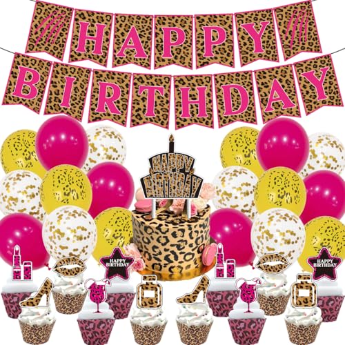 Leopard Geburtstag Deko,Doyomtoy Luftballons mit Leopard Happy Birthday Party Dekoration Cupcake Topper, Luftballon Dschungelsafari Geburtstag für Mädchen Frauen Geburtstagsfeier 32 Stück von Doyomtoy