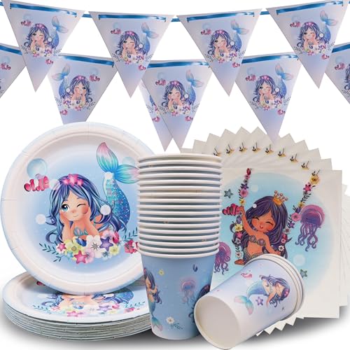 Meerjungfrau Party Geschirr-Set, Meerjungfrau Geburtstag Dekorationen Set, Meerjungfrau Geburtstag Party Pappteller Becher und Servietten Kette von dreieckigen Flaggen für Meerjungfrau Party Supplies von Doyomtoy