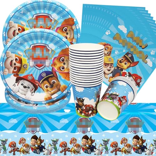 Partygeschirr Set Kinder,Doyomtoy Serve 20 Gäste Geburtstag Partygeschirr Dog,Tischdecken,Teller,Tassen,Servietten für Partyzubehör Geburtstag von Doyomtoy