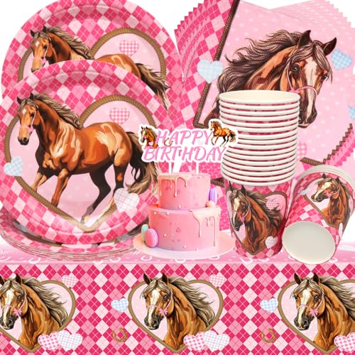 Pferde Geburtstag Deko,Doyomtoy 62 Stück Pferde Partygeschirr Set Baby Shower Teller Tassen Servietten Cake Topper Horse Geburtstag für Kinder Geburtstag Babyparty Deko von Doyomtoy