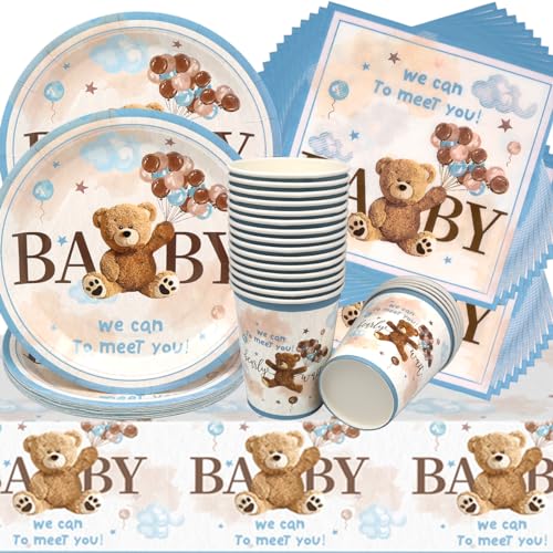 Plüschbär Partygeschirr,Doyomtoy 61 Stück Bärchen Geburtstag Deko Baby Geburtstag Bärs Tassen Servietten Tischdecke für Kindergeburtstag Party Deko Baby Shower von Doyomtoy