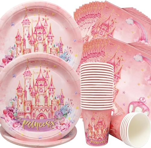 Prinzessin Schloss Partygeschirr,Doyomtoy 20 Gästen Pink Castle Girl Birthday Party Dekoration Pappteller Becher Servietten Geburtstag Party Dekorationen von Doyomtoy