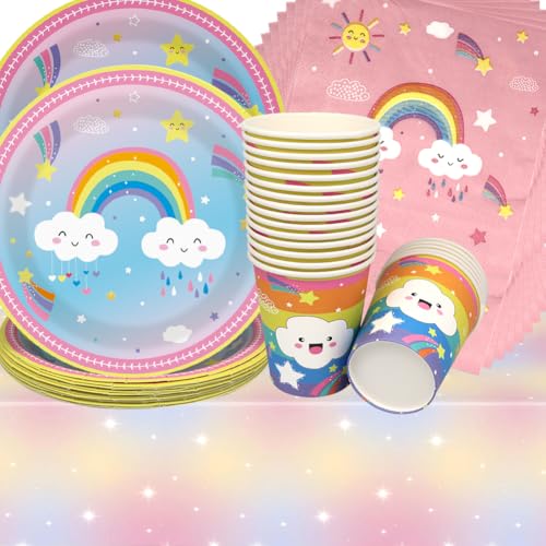 Regenbogen Geburtstag Deko,Doyomtoy 61 Stück Mädchen Partygeschirr Set Weiße Wolke Geburtstag Party Set Geburtstagsteller Tassen Servietten Regenbogen Geburtstag für Kinder Party Geburtstag von Doyomtoy