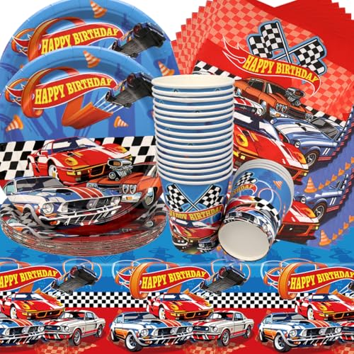 Rennwagen Geburtstag Deko,Doyomtoy 61 Stück Partygeschirr Rennauto Geburtstag Party Set Geburtstagsteller Tassen Servietten für Racing Car Geburtstag Party Zubehör Supplies von Doyomtoy