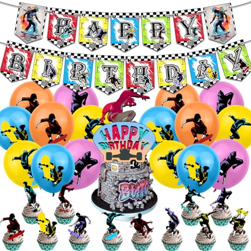 Skateboard Geburtstag Deko,Doyomtoy 30 Stück Skateboard Happy Birthday Party Dekoration Cupcake Topper, Luftballon Extremsport Geburtstag für Kinder Party Geburtstag von Doyomtoy