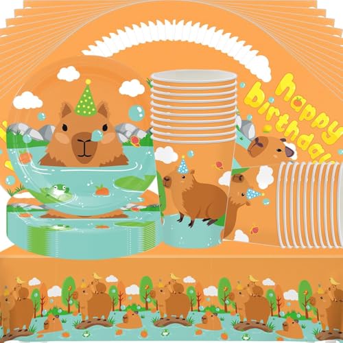 Wasserschwein-Delfin Partygeschirr Set,Doyomtoy Capybara Serve 20 Gäste Geburtstag Partygeschirr,Tischdecken,Teller,Tassen,Servietten für Partyzubehör Geburtstag von Doyomtoy