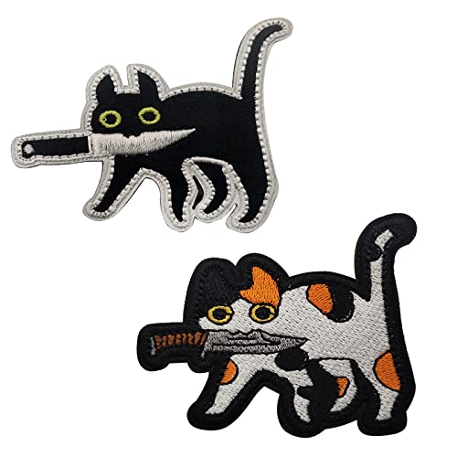 2 StüCke Klett Patches Schwarze Katze Mit Messer BüGelbild Klettverschluss FüR Kinder Zum AufbüGeln Lustige MilitäR Patches Klett Patches Klett FüR Jungen, MäDchen, Jacken, Jeans, RucksäCke von DragonX2