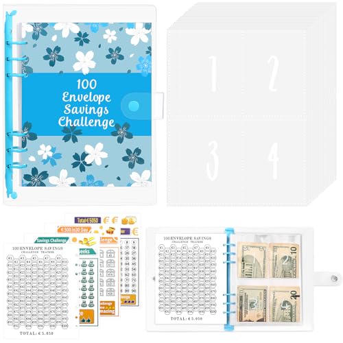 100 Envelope Saving Challenge, Sparchallenge Budgetplaner A5 Ringbuch mit Challenge Tracker & Pre-numbered Geldfächer, Budget Binder für Geld Sparen Challenge - Blau von Draupnir