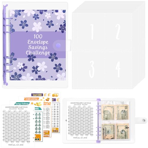 100 Envelope Saving Challenge, Sparchallenge Budgetplaner A5 Ringbuch mit Challenge Tracker & Pre-numbered Geldfächer, Budget Binder für Geld Sparen Challenge - Lila von Draupnir