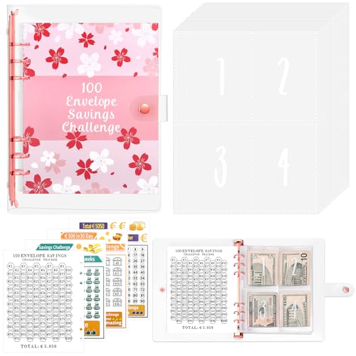 100 Envelope Saving Challenge, Sparchallenge Budgetplaner A5 Ringbuch mit Challenge Tracker & Pre-numbered Geldfächer, Budget Binder für Geld Sparen Challenge von Draupnir