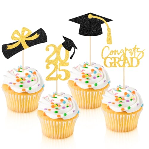 36 Stück 2025 Graduation Cupcake Toppers, Glitzer Abschluss Tortendeko, Bachelor Hut Graduation Kuchen Dekoration für 2025 Abschluss Party Kuchen Dekoration von Draupnir