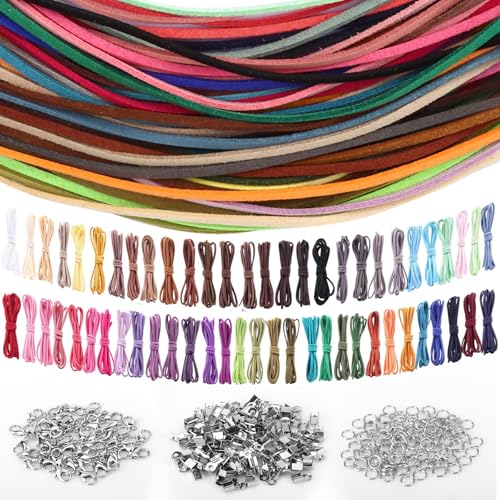 60 Stück 60 m 60 Farben Lederband, 3mm Lederband Ketten mit 100 Verschluss, 50 Karabinerverschluss und 100 Biegeringe, Basteln Lederbänder für DIY Schmuck Armband Handwerk von Draupnir