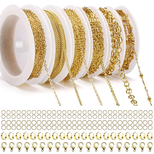 Draupnir 14m 6 Rollen Gliederkette Gold, Schmuckketten zum Basteln, Gliederkette Meterware, Halskettenketten Zubehör mit Ringen und Karabinerverschlüssen und U Ringen für Schmuck Diy Herstellung von Draupnir