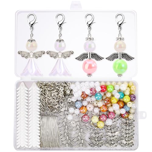 Draupnir 60 Sets Schutzengel Anhänger Basteln Perlen, Schlüsselanhänger Selber Machen, Engel Charme Schutzengel Bastelset für DIY Charms Anhänger, Hochzeit, Taufe, Weihnacht (Weiß, Farbig) von Draupnir