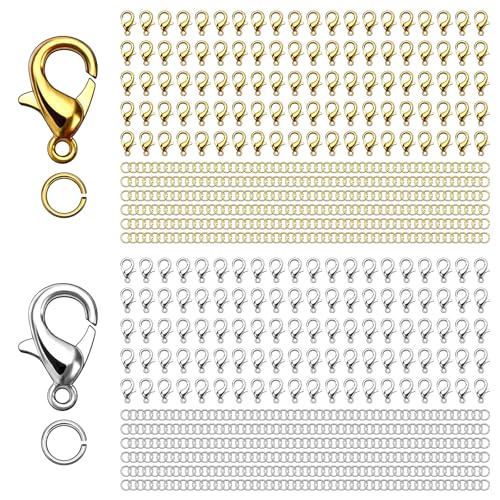 Draupnir 860 Stück Armband Verschluss Set, 260 Stück 12mm Karabinerverschluss mit 600 5mm Biegeringe, Ketten Verschlüsse, Schmuckverschluss für DIY Armband Halskette Anhänger Basteln (Gold/Silber) von Draupnir