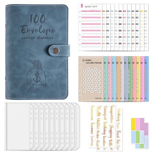 Budget Planner Deutsch Budget Planer Geld Organizer mit 100 Tage Binder Taschen Retro A6 Ringbuchordner für Finanzplaner Budget Sparen Mappe Cash Stuffing Startset Geburtstags Geschenkk (Blau) von Drawelry