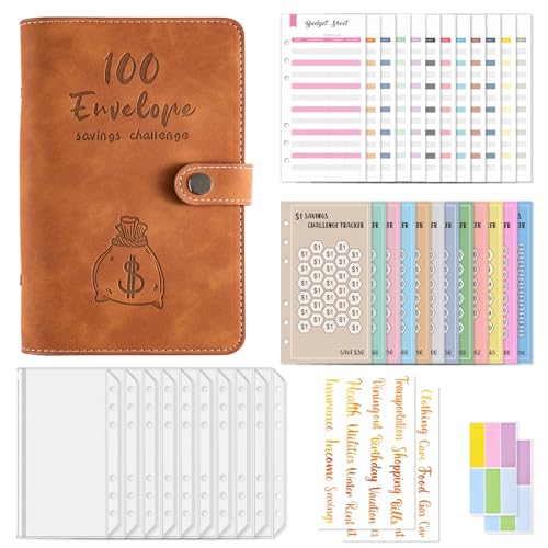 Budget Planner Deutsch Budget Planer Geld Organizer mit 100 Tage Binder Taschen Retro A6 Ringbuchordner für Finanzplaner Budget Sparen Mappe Cash Stuffing Startset Geburtstags Geschenkk (Braun) von Drawelry