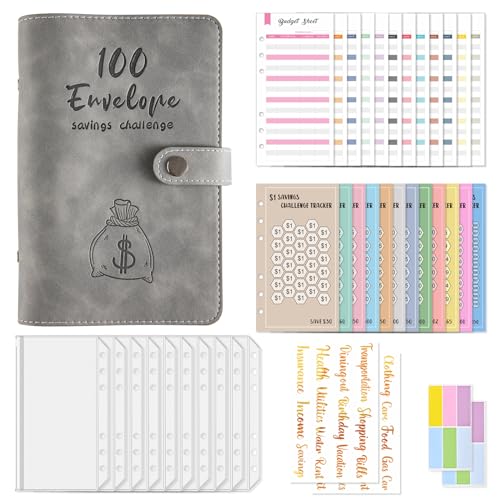 Budget Planner Deutsch Budget Planer Geld Organizer mit 100 Tage Binder Taschen Retro A6 Ringbuchordner für Finanzplaner Budget Sparen Mappe Cash Stuffing Startset Geburtstags Geschenkk (Grau) von Drawelry