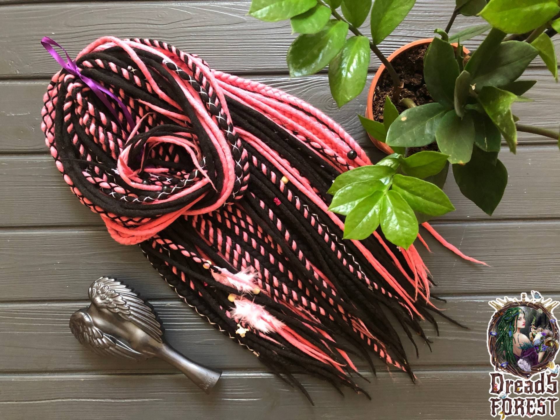 Woll-Dreadlocks + Senegals Farben Schwarz Rosa Doppelendige Dreads Weiches Set von DreadsForest