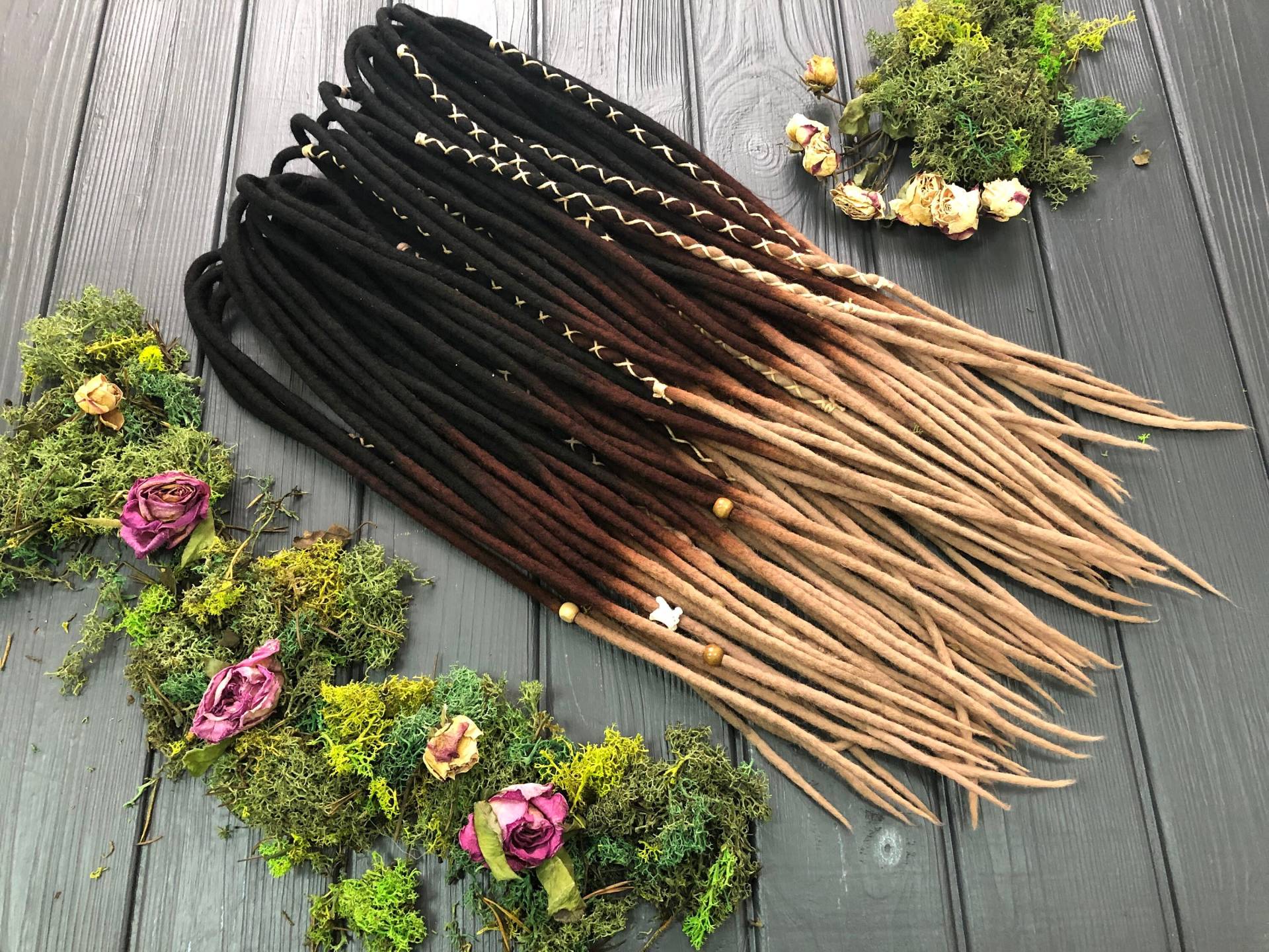 Woll-Dreads, Komplettes Set De Dreadlocks-Erweiterungen, Doppelendig, Schwarz, Ombre, Dunkelbraun, Natürlicher Dunkler Honigblonder Hellbrauner von DreadsForest