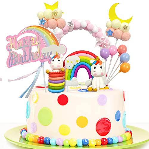 Kinder Einhorn Kuchen Topper, Einhorn Tortendeko, Einhorn Regenbogen Tortendeko, Happy Birthday Girlande Regenbogen Luftballons Wolke, 3D Heißluftballon Kuchendekoration Cake Topper für Kinder Mädchen von Dream HorseX