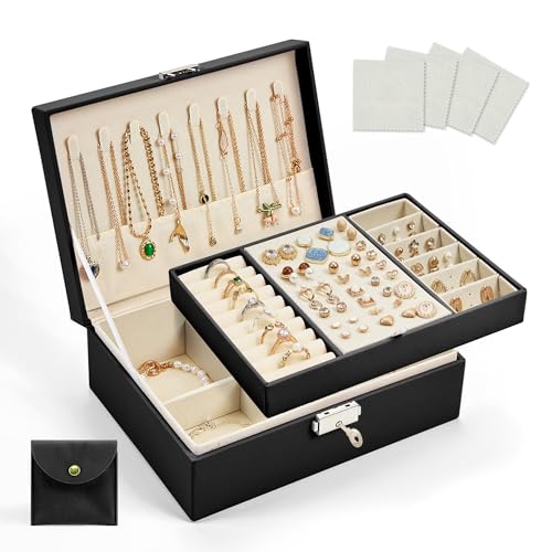 DreamGenius Schmuckschatulle mit Sicherheitsverschluss für Damen, 2-lagiger Schmuck-Organizer mit herausnehmbarem Tablett, Schmuckaufbewahrung für Halsketten und Ohrringe, Schwarz von DreamGenius