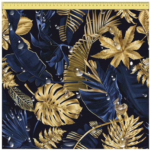 DreamRoots Segeltuch Wasserdicht - Polsterstoff Meterware 160 cm breit - Wasserabweisender Stoff 220 g/m2 600D - Markisenstoff Wasserdicht Meterware Monstera Gold Navy Blue 1M von DreamRoots