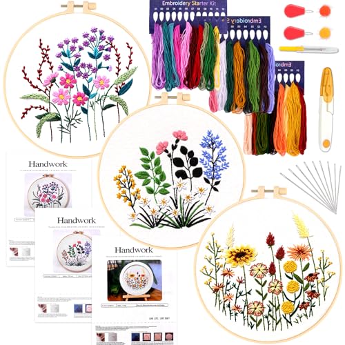 Dreamtop Stickset für Anfänger Erwachsene Blumenmuster Pflanzen Stickset für Anfänger Stickerei Kreuzstich Set mit 3 Stück Stickrahmen Besticktes Tuch mit Muster und Anleitung für DIY Kunst von Dreamtop