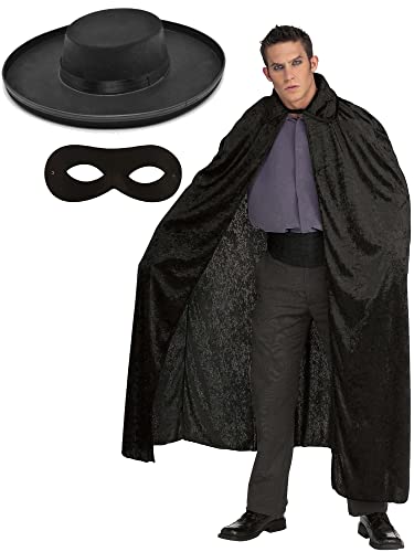 Dreamzfit - Erwachsene Zorro Kostüm-Zubehör Set: Schwarzer Zorro-Filzhut + Augenmaske + Pannesamt-Umhang für Karneval, Halloween, Mottopartys & Kostümpartys von Dreamzfit