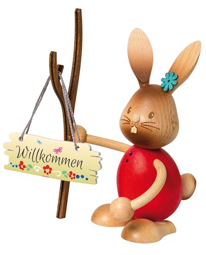 Drechslerei Kuhnert Osterdekoration/Osterhase „Stupsi Hase Herzlich Willkommen“ 11 cm, aus feinstem Holz, für EIN Bezauberndes Osterfest oder eine dauerhafte Dekoration, Holzkunst Made in Germany von Drechslerei Kuhnert