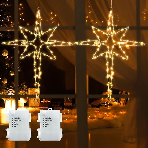 DreiWasser Beleuchtet LED Fensterdeko Bethlehemstern warmweiß Batteriebetrieben, 2 Stück 140 LED Leuchts Weihnachten mit 1m Zuleitung und Timer für Fenster Beleuchtung Deko Hängen Weihnachtsdeko von DreiWasser