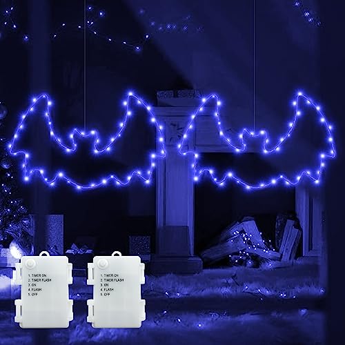 DreiWasser Beleuchtet LED Fensterdeko Fledermäuse Kaltes Lila Batteriebetrieben, 2 Stück 120 LED Fledermaus Halloween mit 1m Zuleitung und Timer für Fenster Beleuchtung Deko Hängen Halloween Deko von DreiWasser