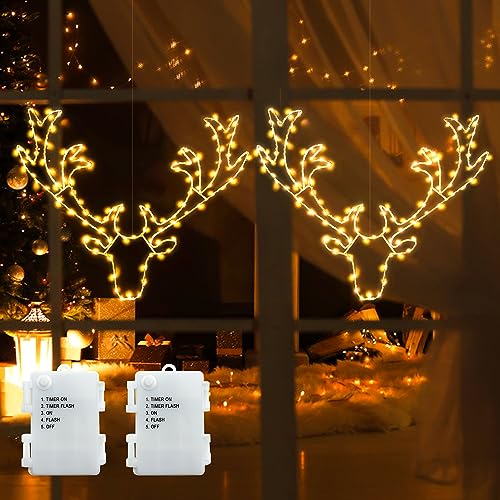 DreiWasser Beleuchtet LED Fensterdeko Hirschköpfe warmweiß Batteriebetrieben, 2 Stück 200 LED Hirschkopf mit 1m Zuleitung und Timer für Fenster Beleuchtung Deko Hängen Weihnachtsdeko von DreiWasser