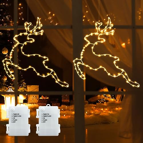 DreiWasser Beleuchtet LED Fensterdeko Springende Rentiere Warmweiß Batteriebetrieben, 2 Stück 160 LED Rentier Weihnachten mit 1m Zuleitung und Timer für Fenster Beleuchtung Deko Hängen Weihnachtsdeko von DreiWasser